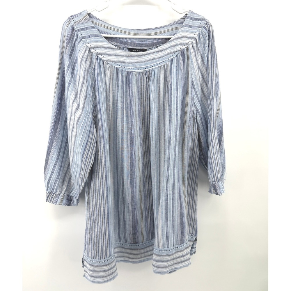 Lands End Linen Tunic Top Women 14-16 Blue Striped 3/4 Sleeve Scoop Neck Coastal